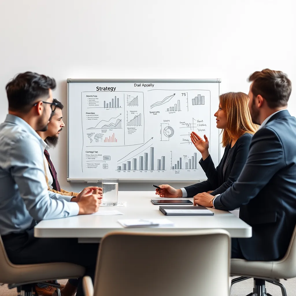 A group of business professionals sitting around a table, discussing a strategy on a whiteboard. The whiteboard has charts, graphs, and diagrams representing growth plans. The atmosphere is professional and focused, with a feeling of collaboration and brainstorming. The image should have a modern, clean aesthetic and depict a diverse group of professionals.